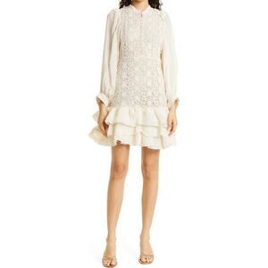 ByTimo Lace Jacquard Vintage Cream Long Sleeve Ruffled Mini Dress Size Small